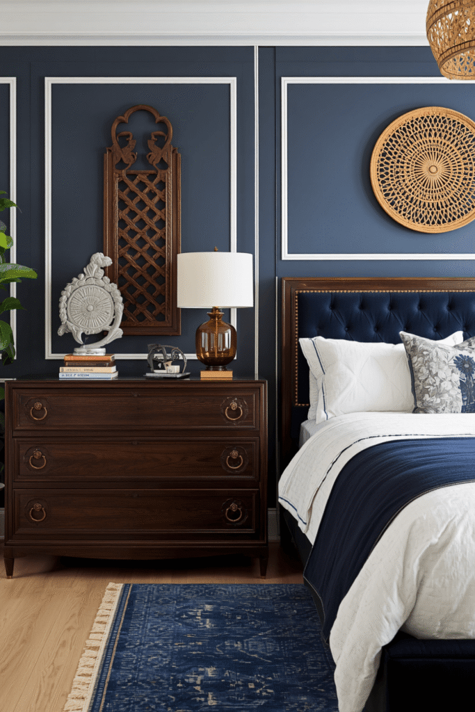 15. Navy Blue Bedroom Aesthetic With Vintage Pieces