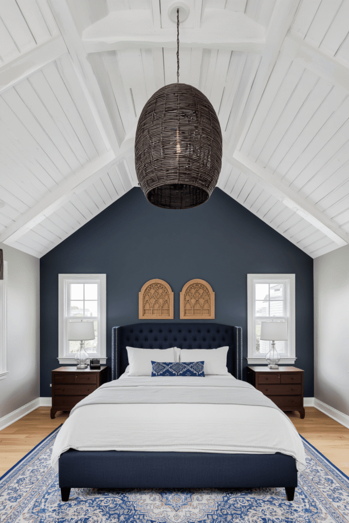 16. Elegant Navy Blue Bedroom With Ceiling Detail