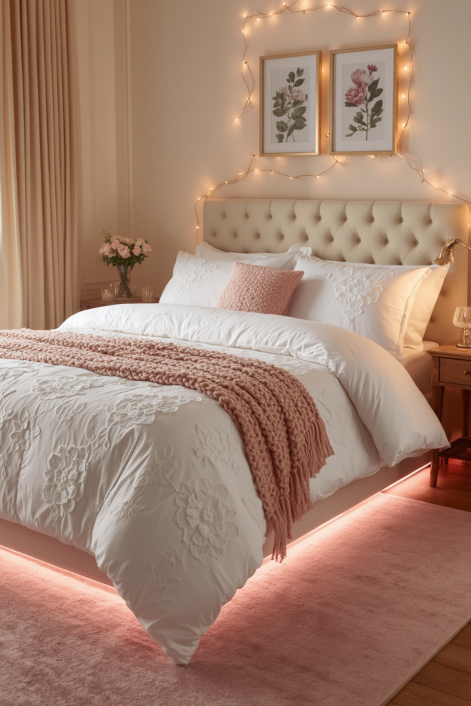 17. All-White Bedding with Pink Accessories