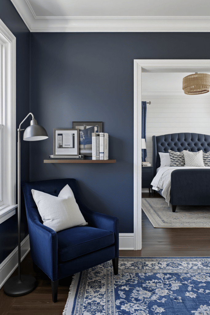 18. Navy Blue Bedroom With Sheer Curtains and Natural Light