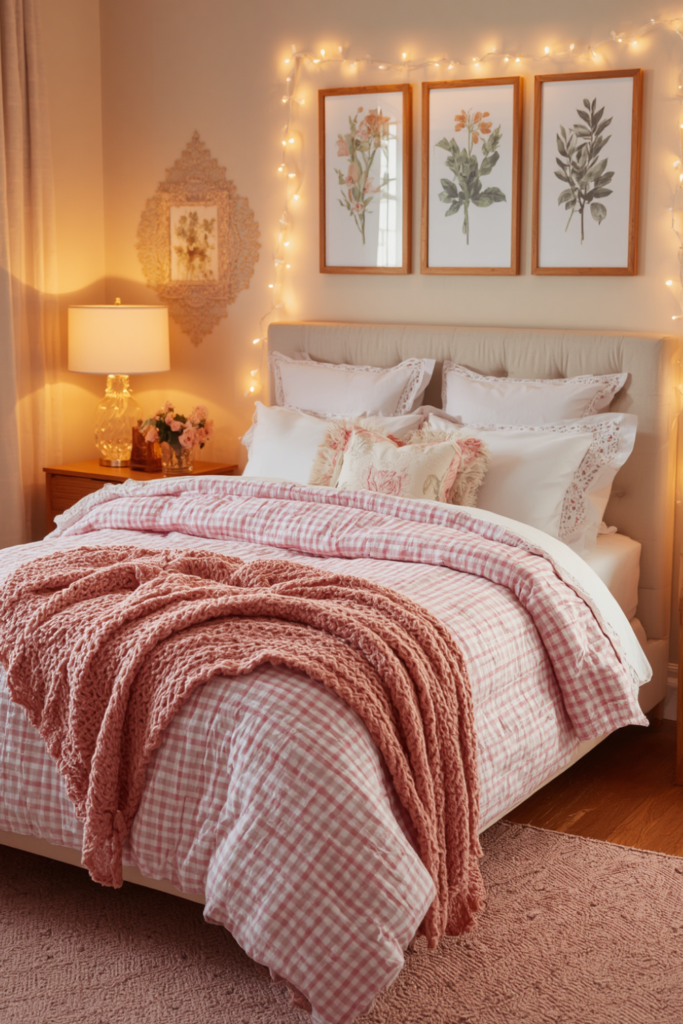 2. Pink and White Gingham or Stripe Bedding