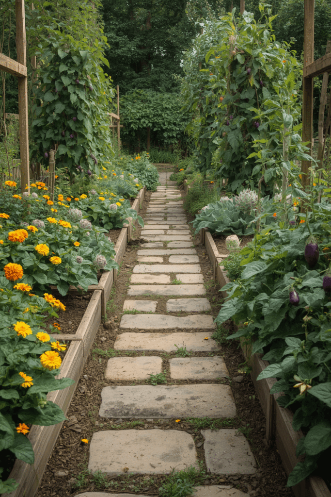 28. Narrow Flagstone Path Between Garden Beds