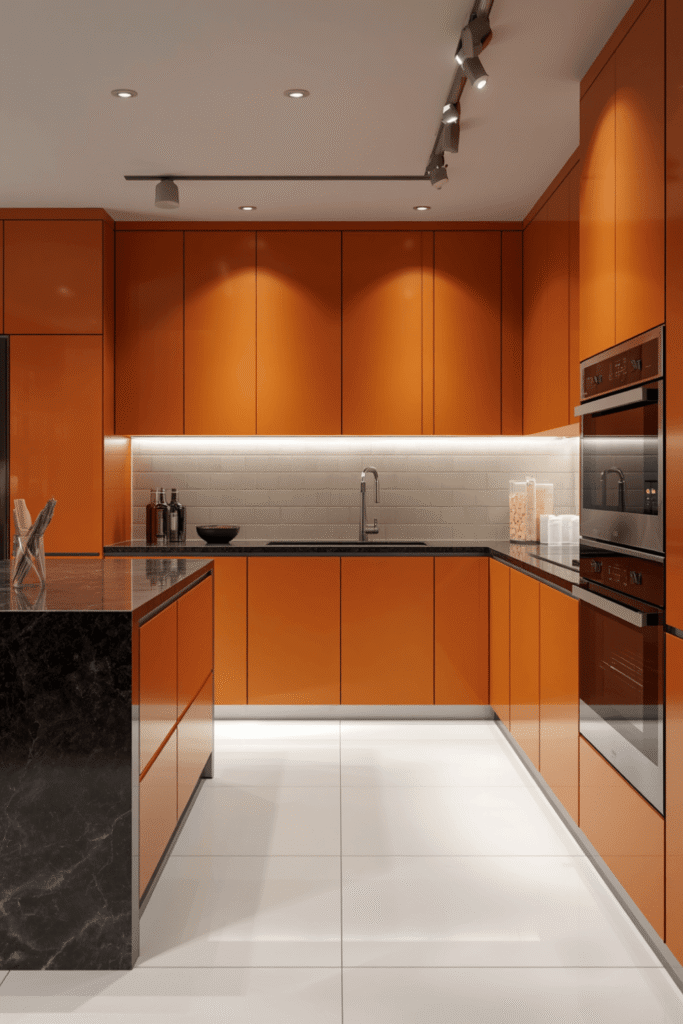 3. Modern Orange Kitchen Design with Sleek Finishes