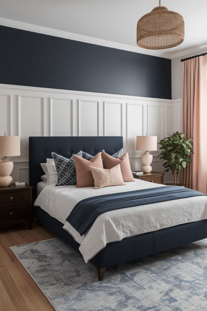 5. Romantic Bedroom Ideas With Navy Walls and Soft Blush Accents