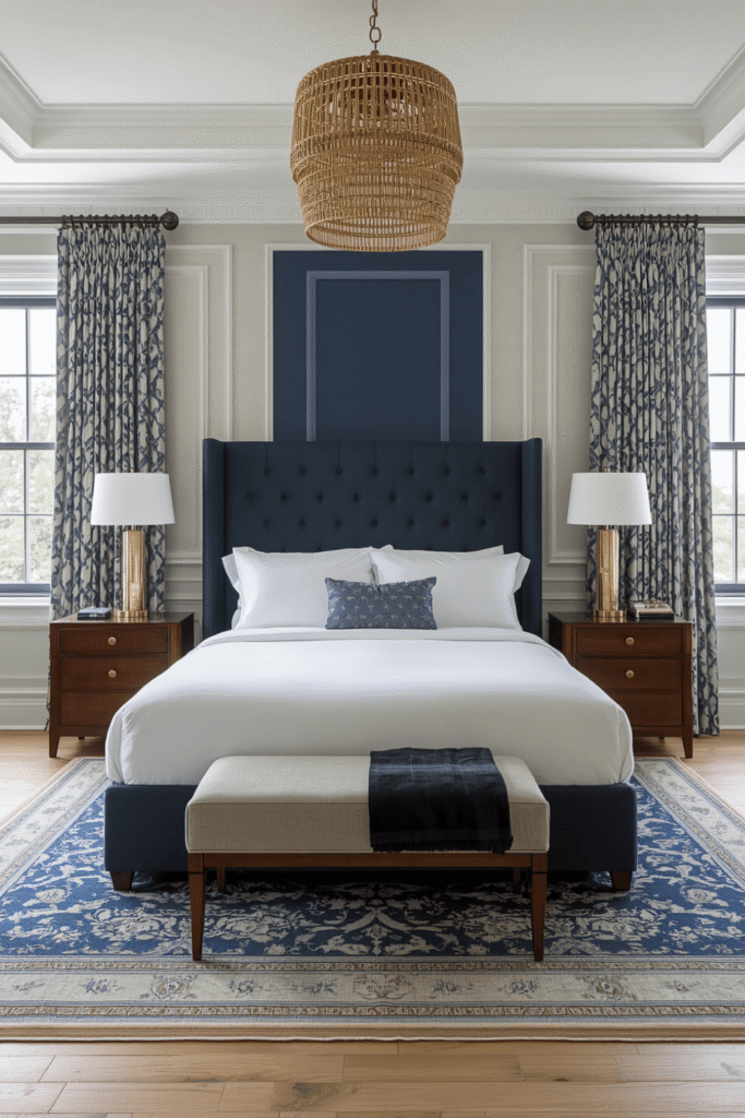 6. Hotel-Style Navy Blue Bedroom Setup