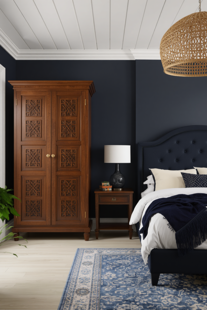 7. Navy Blue Bedroom With Wood Accents for Warmth