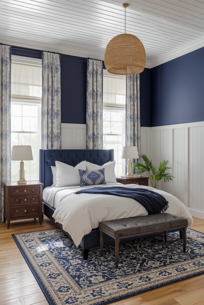 18. Navy Blue Bedroom With Sheer Curtains and Natural Light