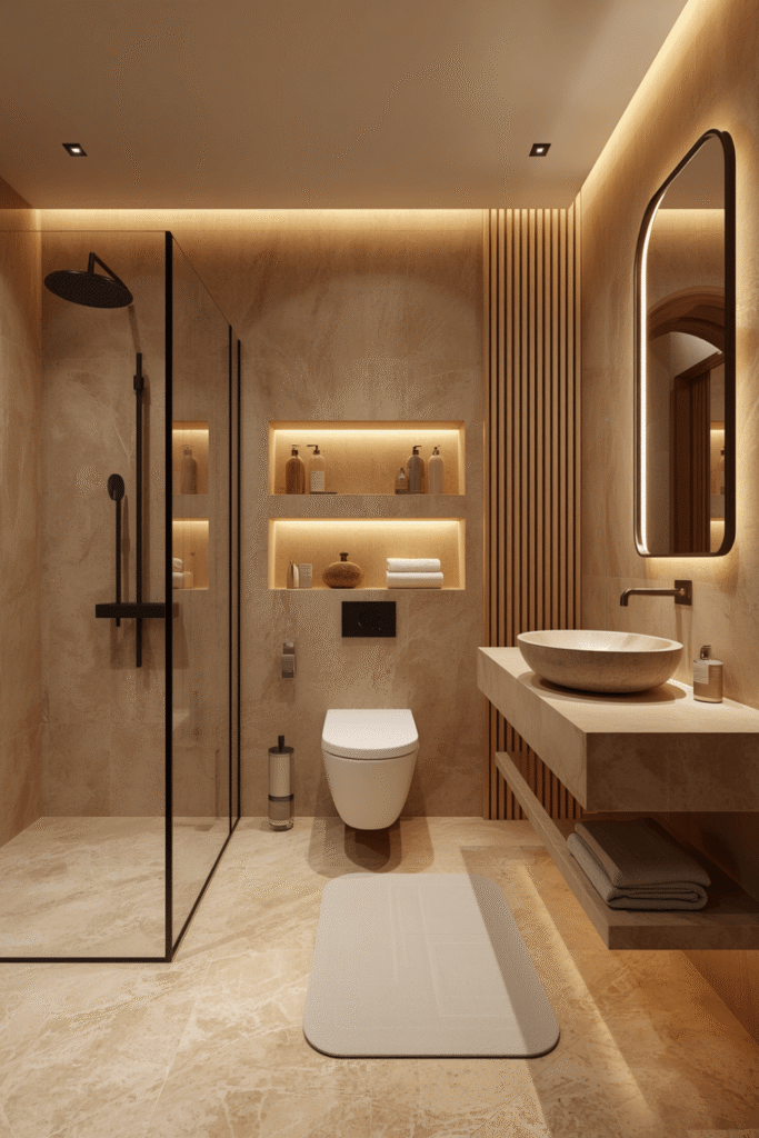 1. Modern Beige Bathroom Balance