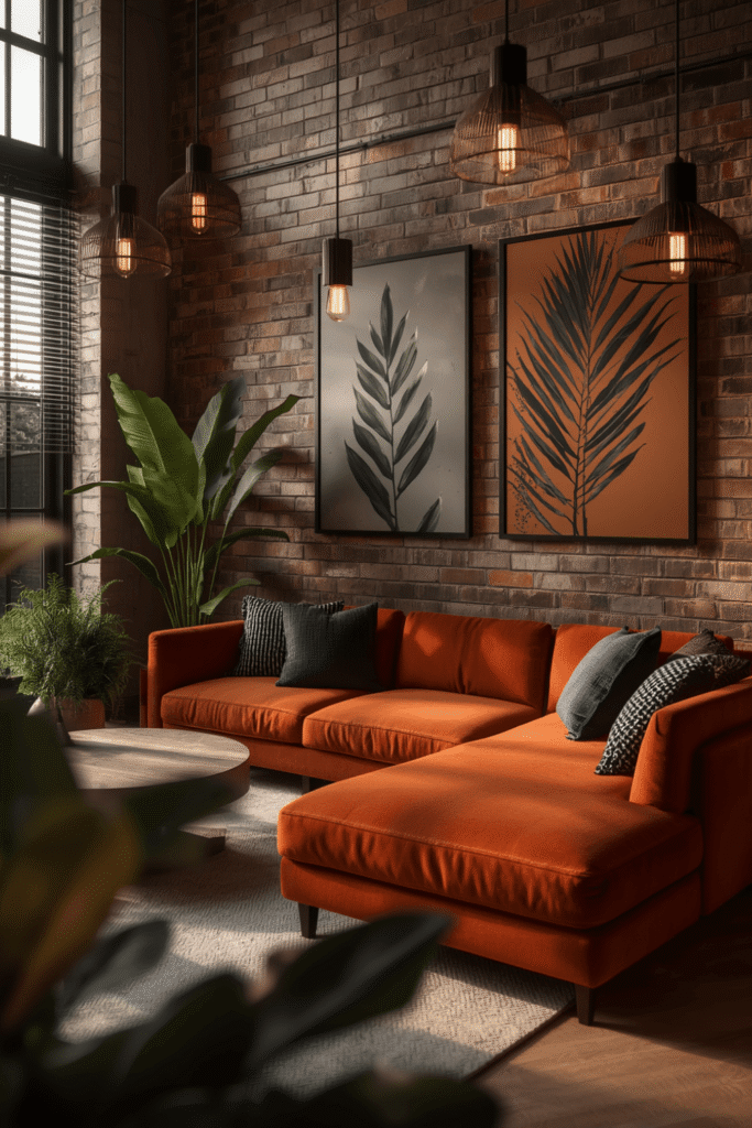 Building an Industrial Living Room Around an Orange Sofa