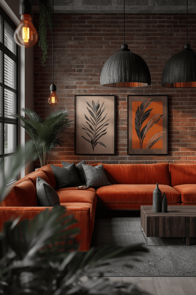 Pairing an Orange Sectional Sofa With Brick Walls