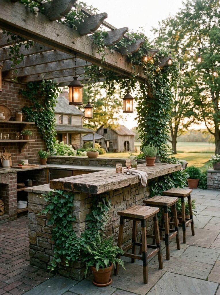10. Outdoor Kitchen Bar With a Rustic Touch