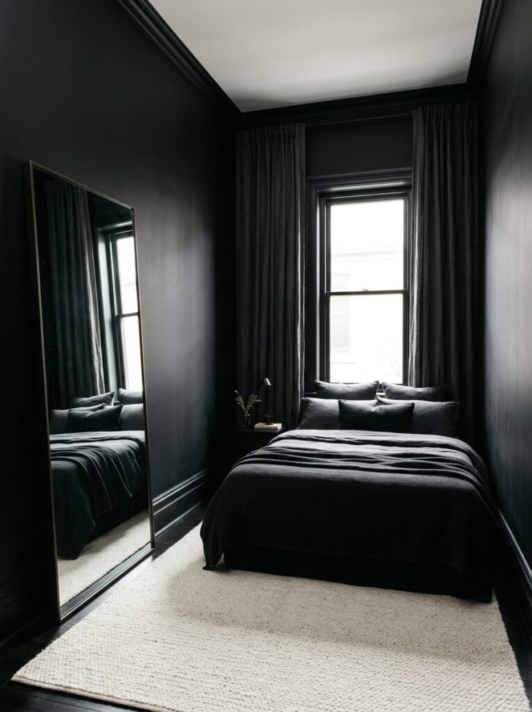 12. Cozy Black Bedroom Aesthetic with Luxe Bedding