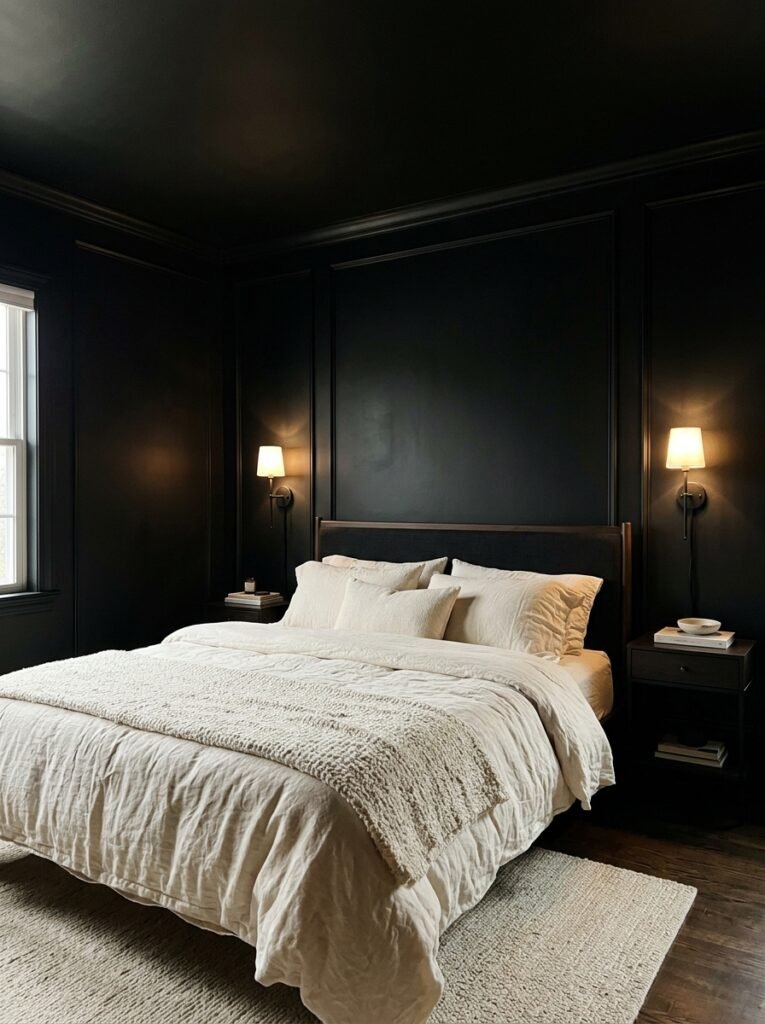 17. Soft Patterns for Simple Black Bedroom Decoration