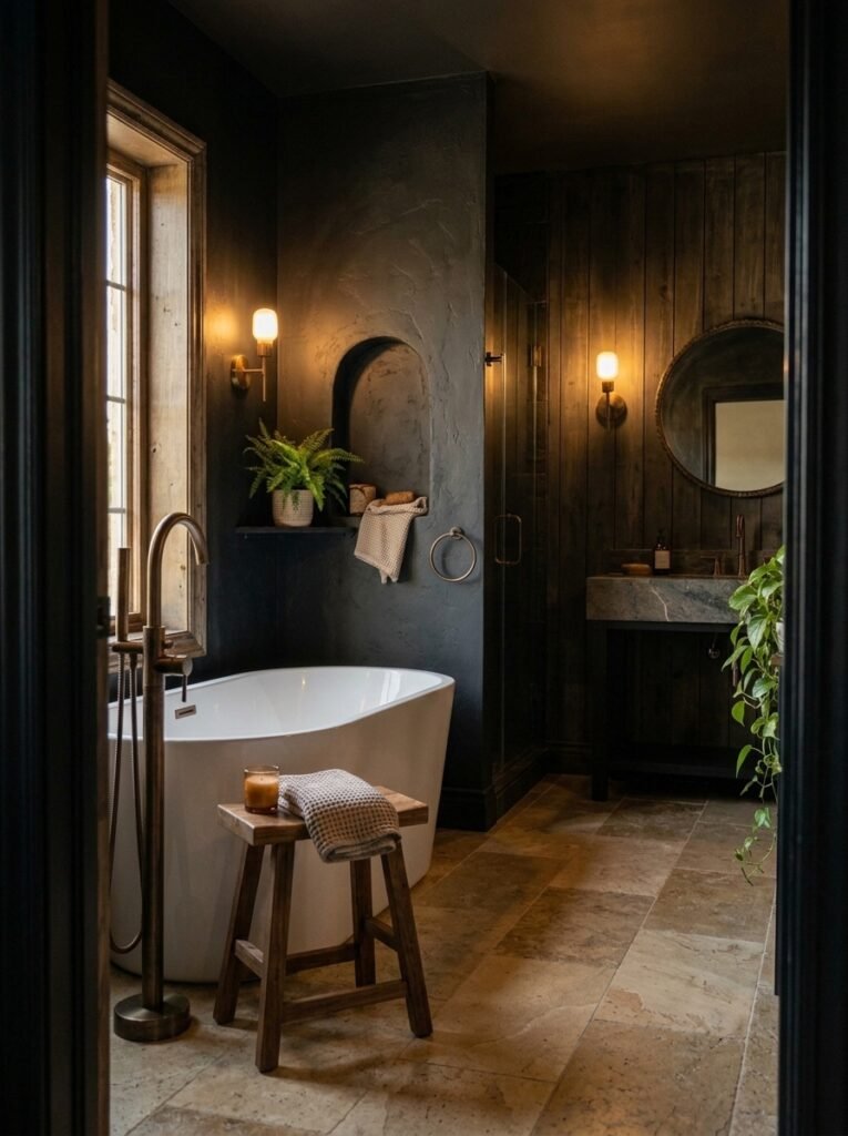 Black bathroom with bronze accents