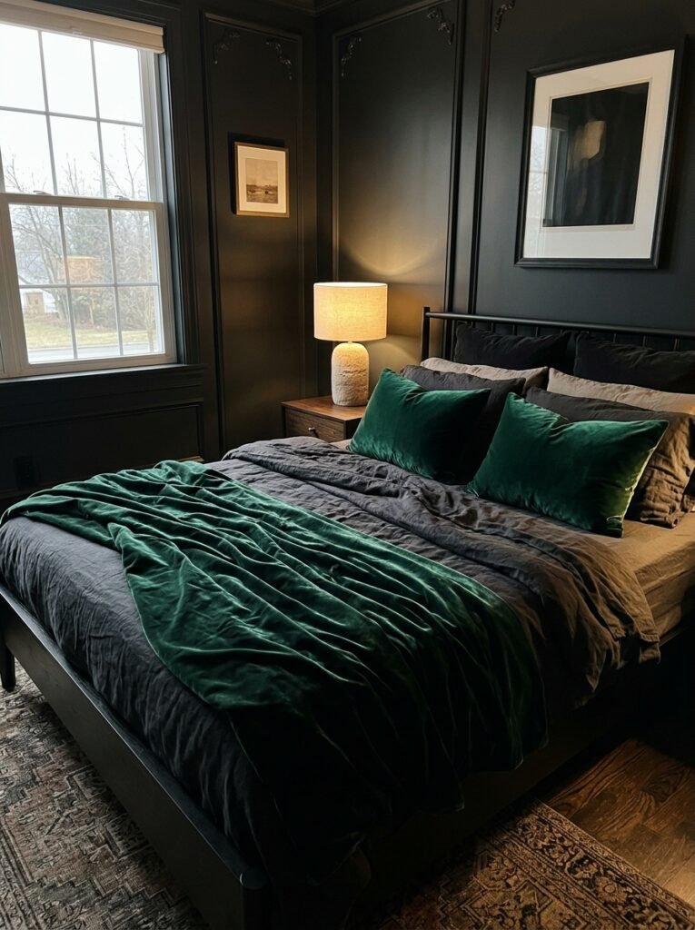 21. Beige Linen Curtains in Black Bedroom Interiors