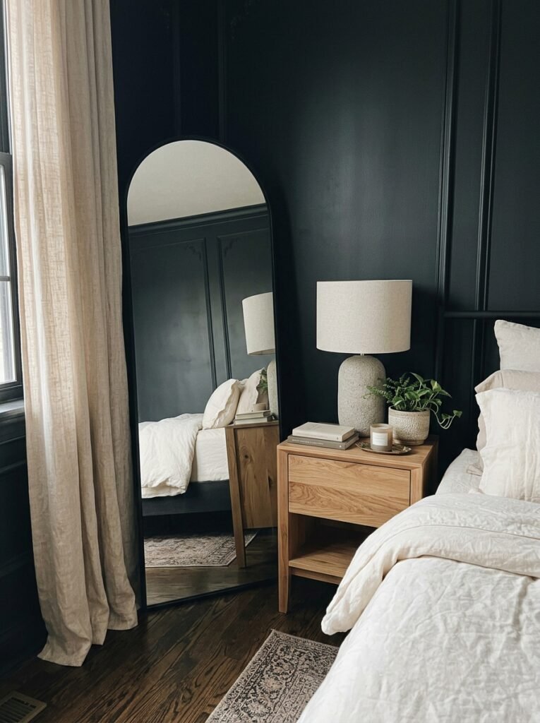 24. Layered Rugs in Modern Black Bedrooms