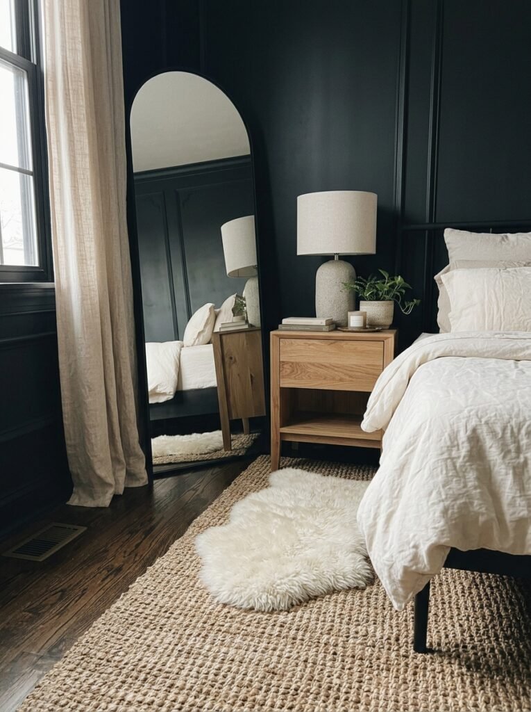 25. Leather, Wicker, and Rattan Accents in Black Bedroom Decor