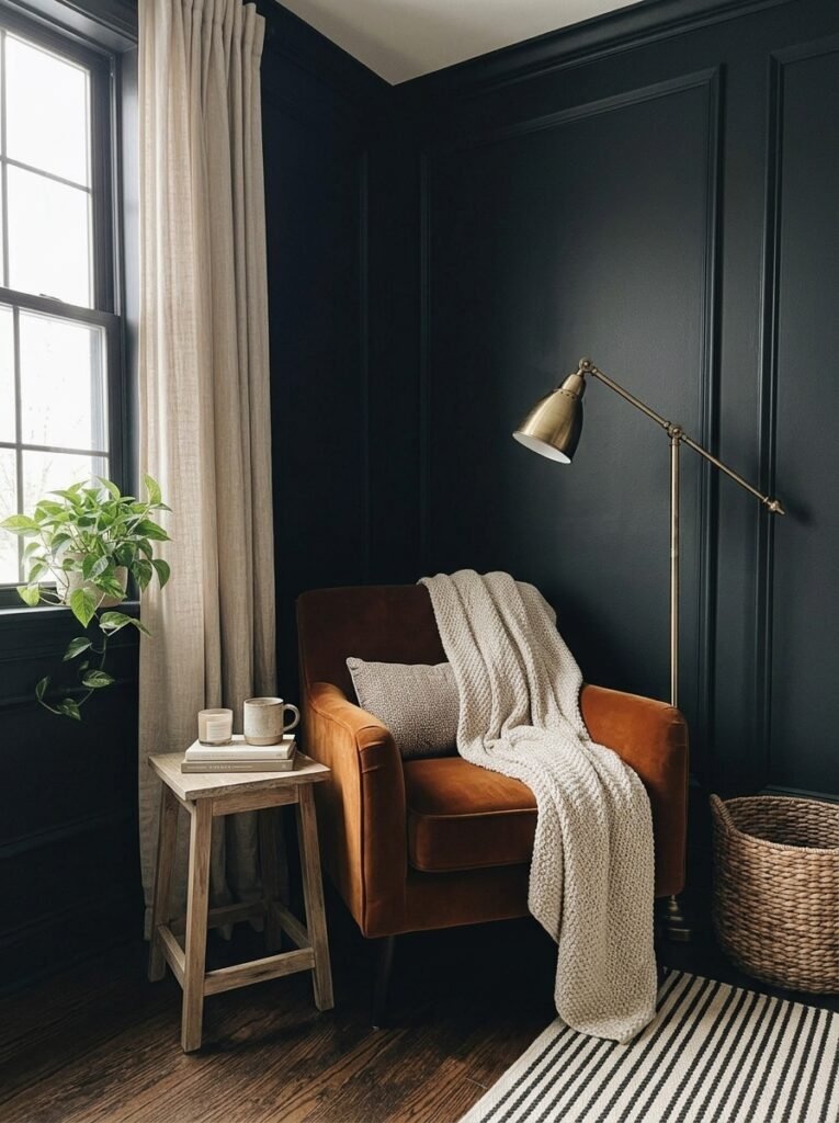 28. Cozy Reading Nook in a Black Bedroom Corner