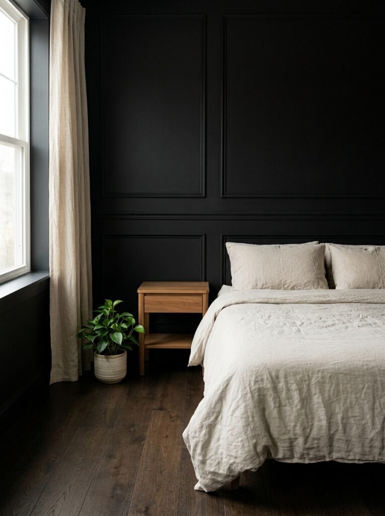 29. Minimalist Black Bedroom Design That Feels Warm
