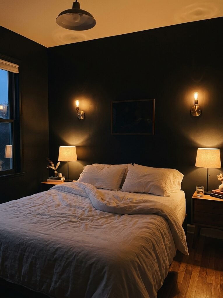 3. Modern Black Bedroom Design with Wood Accents