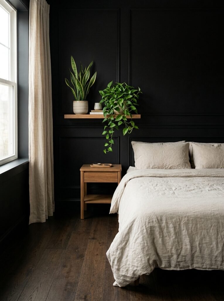 30. Add Greenery to Soften Your Black Bedroom Decor