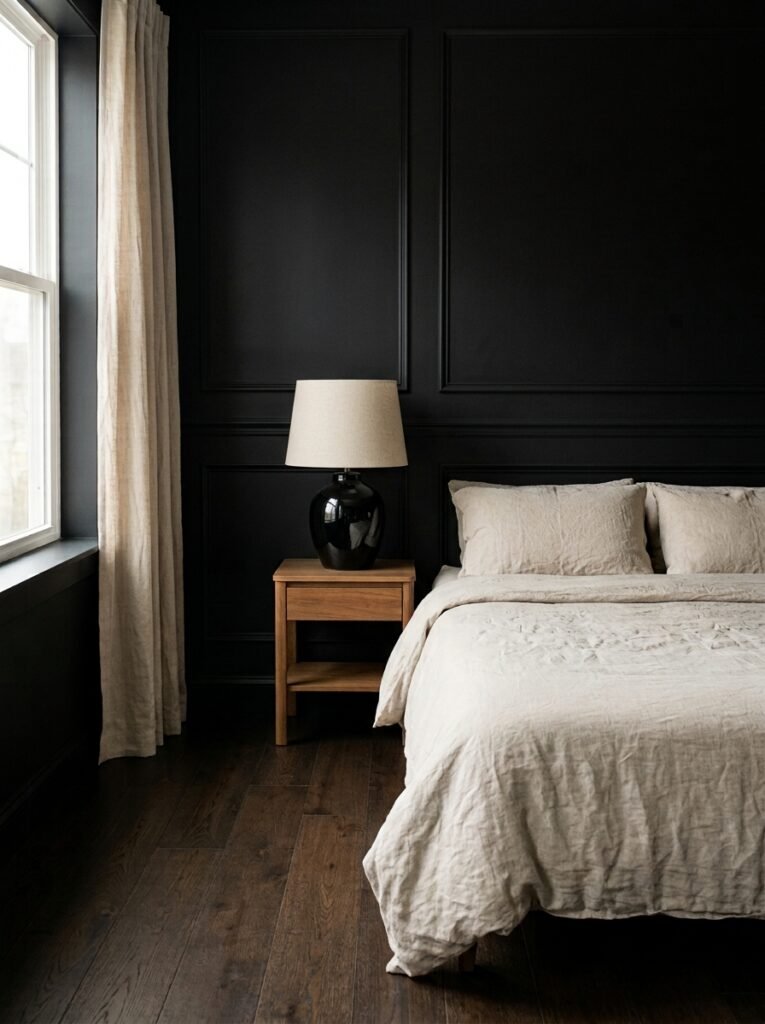 31. Mix Matte, Satin, and Gloss Finishes for Dark Bedrooms