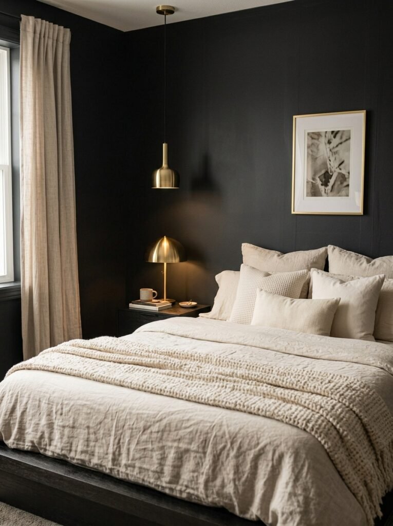 36. Black Bedroom Ideas with Warm Brass and Gold Accents