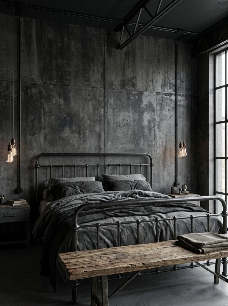 39. Industrial-Style Black Bedroom with Raw Materials