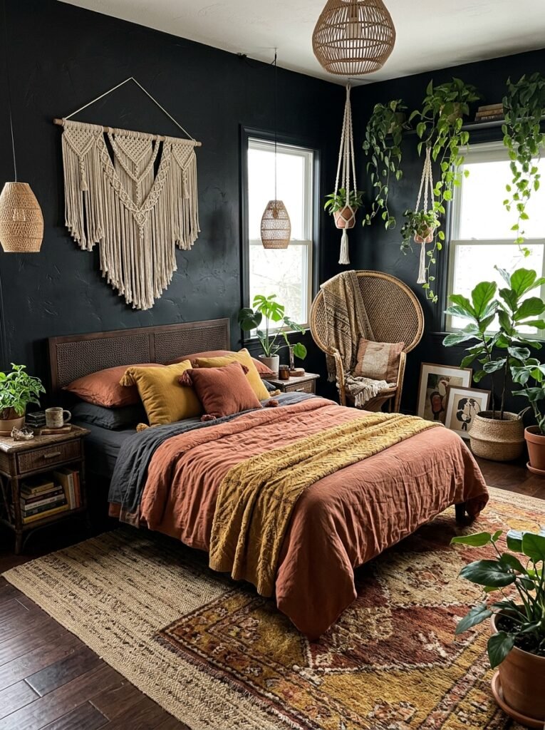 40. Boho Black Bedroom with Natural Texture