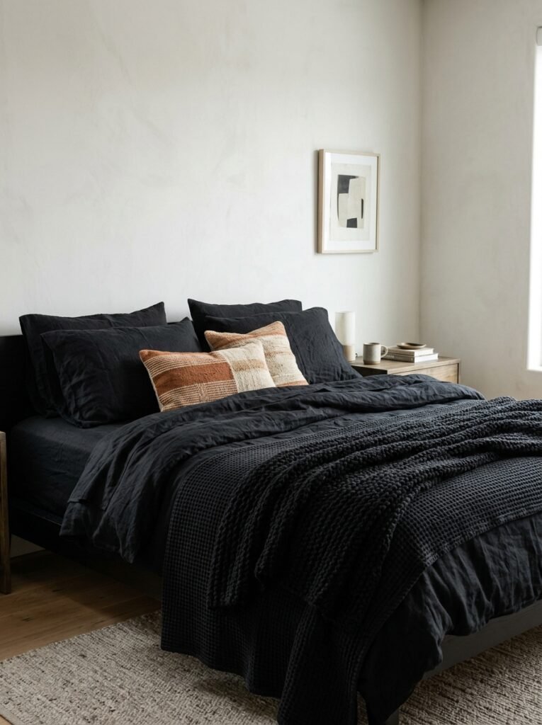 6. Matte Metals in Black Bedroom Interiors with Subtle Shine