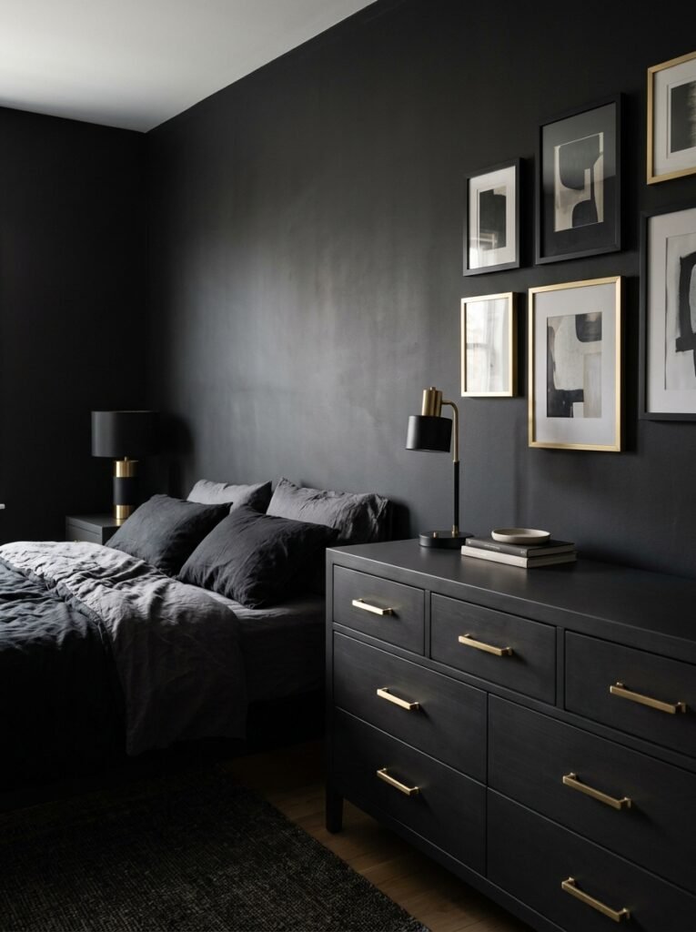 7. Black Bedroom Wall Accent for High-Contrast Style