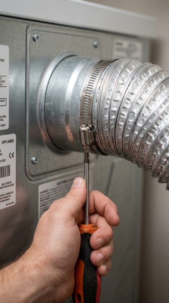 Attaching the dryer vent hose to the dryer exhaust port with a clamp