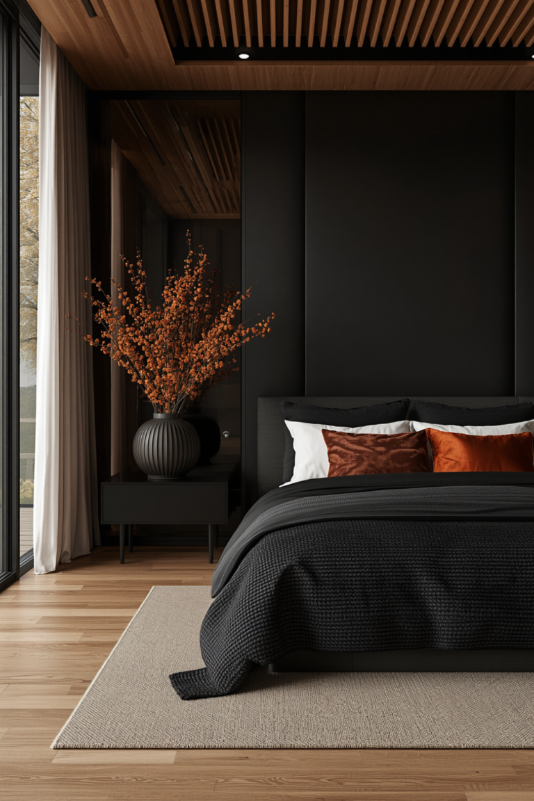 Black Wall Bedroom Pairings With Natural Texture