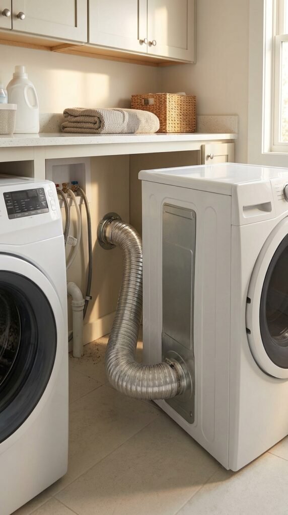 Dryer duct hose installation behind a dryer in a modern laundry room