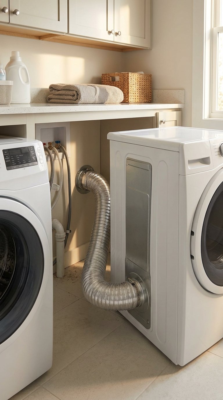 Dryer duct hose installation behind a dryer in a modern laundry room
