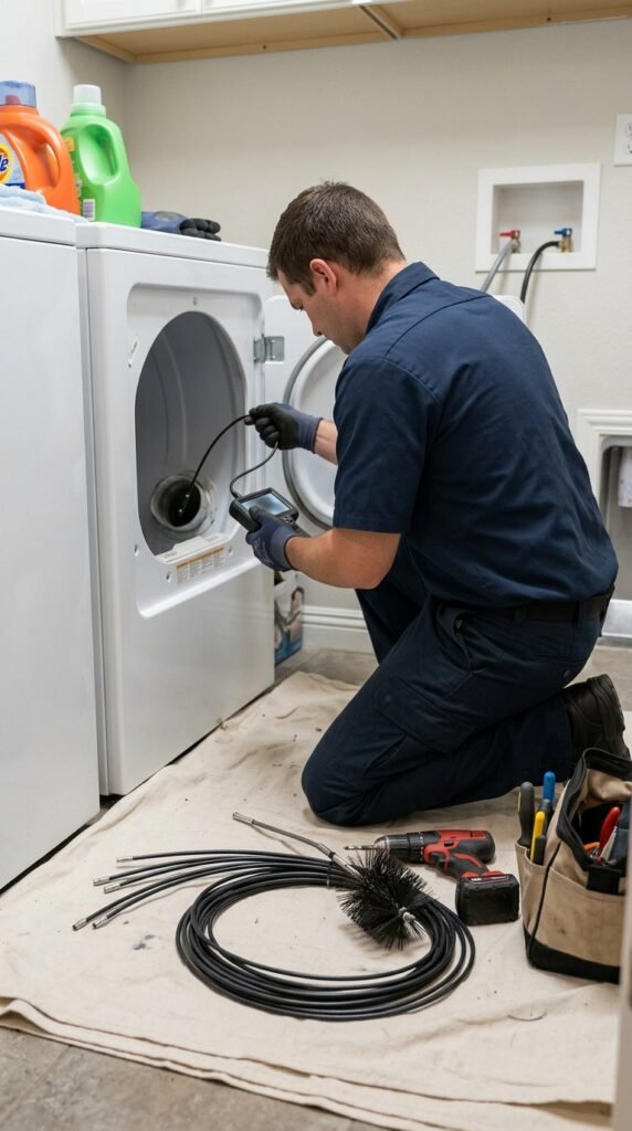 Professional technician inspecting a dryer vent