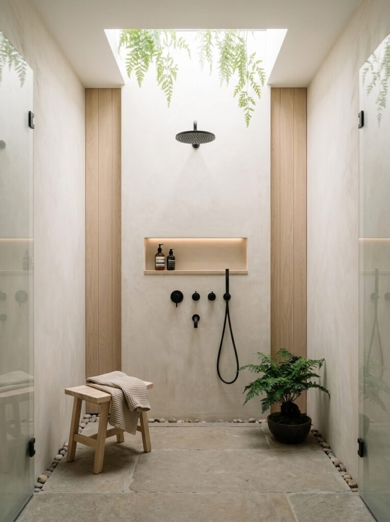 Tropical Bathroom Design With Natural Wood, Stone and Greenery